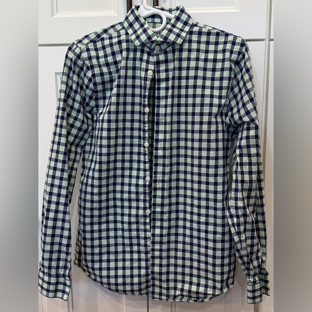 Express Men's Extra Slim Navy and Pale Green Blue Check Shirt S